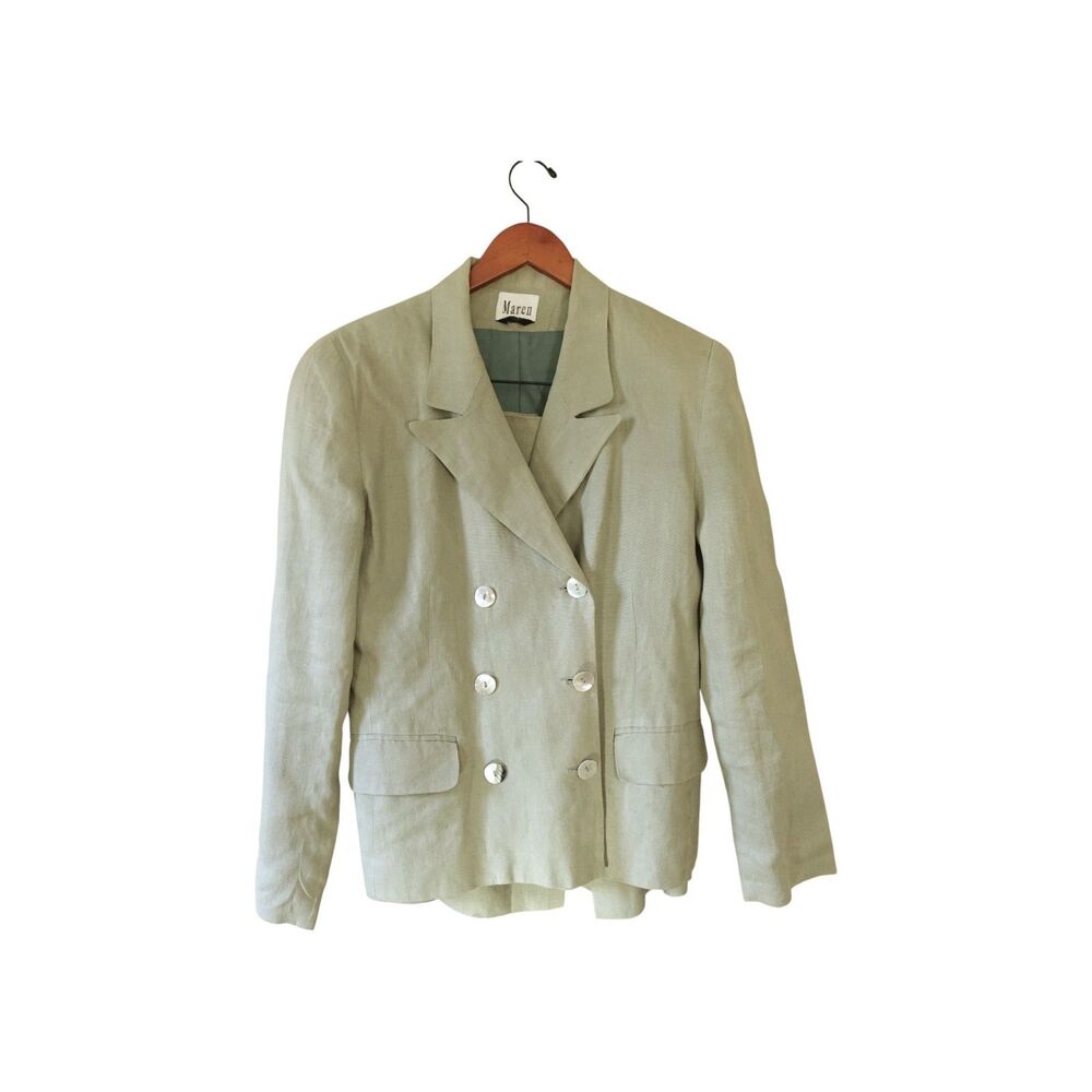 Maren Vtg Womens Linen Skirt Suit Olive Green Double Breasted Blazer 2 Piece